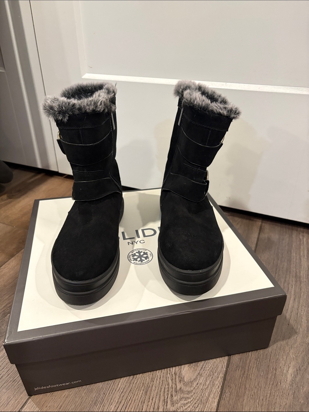 J Slides Black Faux-Fur Trim Platform Winter Boots